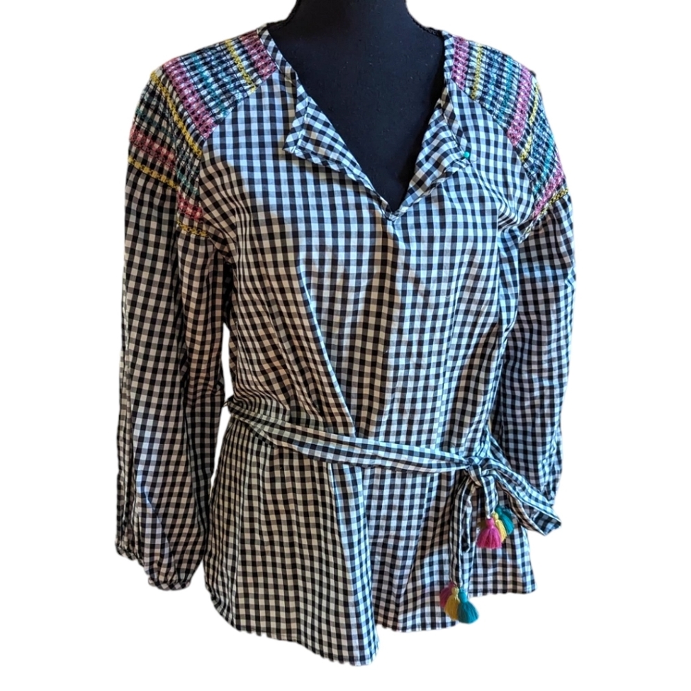 Madewell Smocked Gingham Top great for fall transitional closet shirt Sz medium